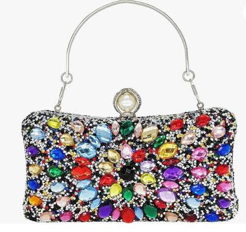 Silver Multi Color Diamond Clutch Purse