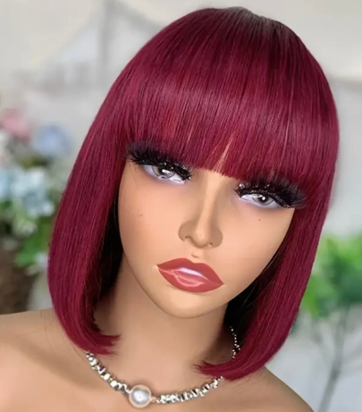 Burgundy bob bang 10 inch human hair wig